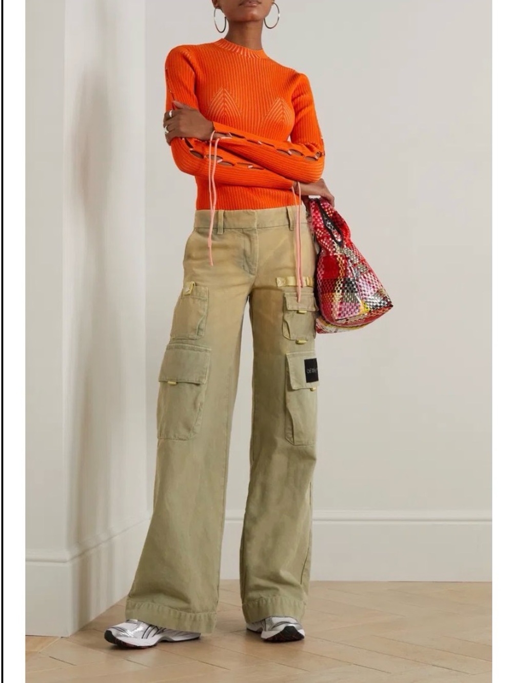 Off-White Bright Orange Ribbed Cowl-Neck Sweater